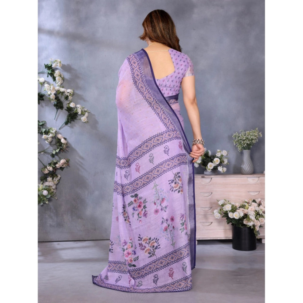 Women's Linen Cotton  Printed Saree With Unstitched Blouse 5.5Mtr  (Purple)
