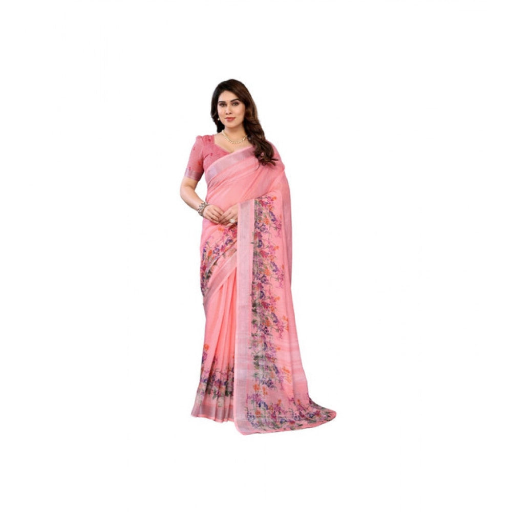 Women's Linen Cotton  Printed Saree With Unstitched Blouse 5.5Mtr  (Peach)