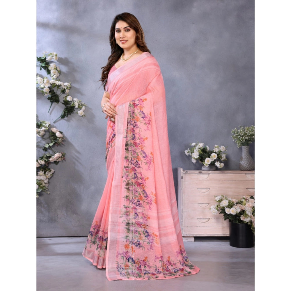 Women's Linen Cotton  Printed Saree With Unstitched Blouse 5.5Mtr  (Peach)