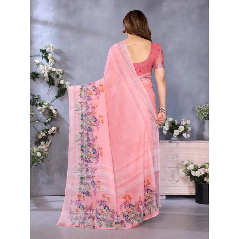 Women's Linen Cotton  Printed Saree With Unstitched Blouse 5.5Mtr  (Peach)