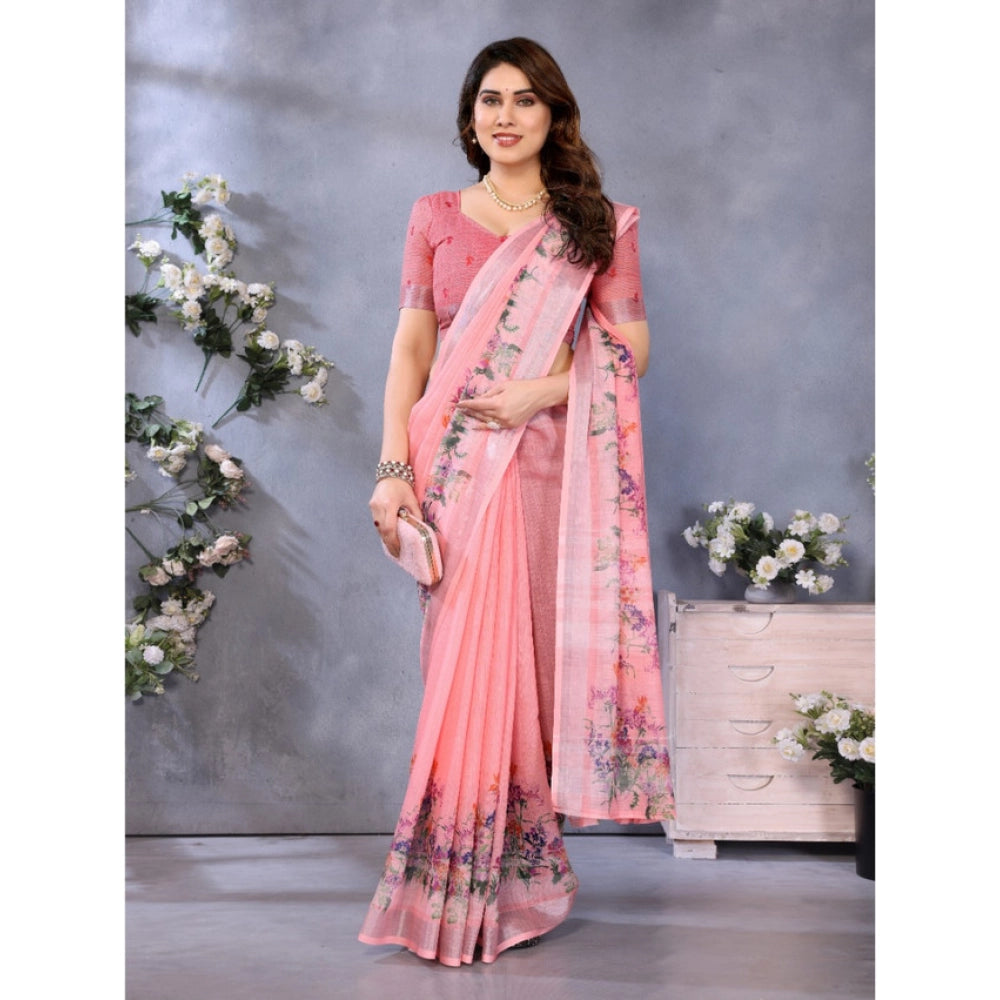 Women's Linen Cotton  Printed Saree With Unstitched Blouse 5.5Mtr  (Peach)