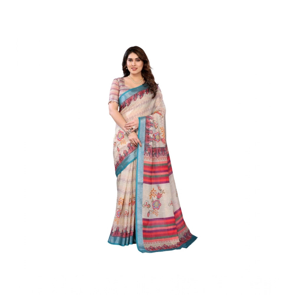 Women's Linen Cotton  Printed Saree With Unstitched Blouse 5.5Mtr  (Cream)