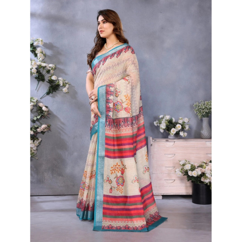 Women's Linen Cotton  Printed Saree With Unstitched Blouse 5.5Mtr  (Cream)