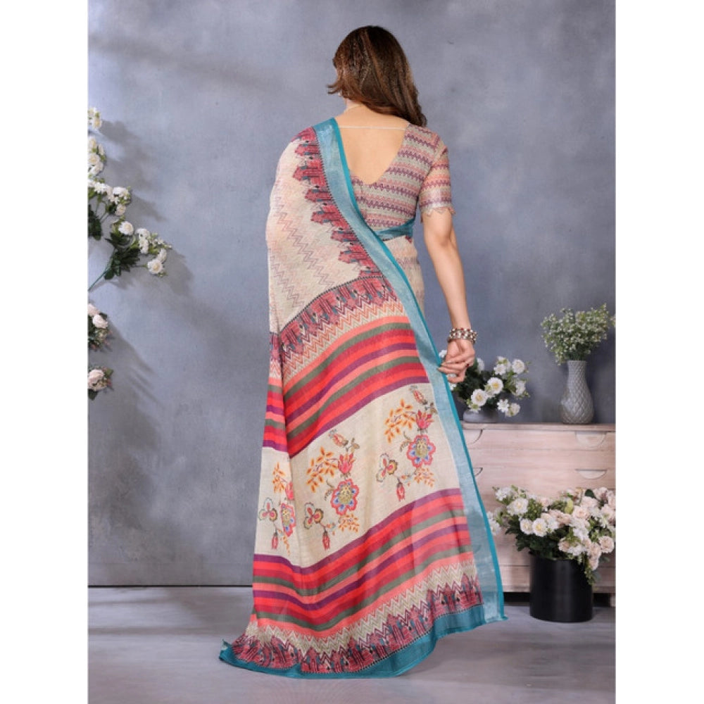 Women's Linen Cotton  Printed Saree With Unstitched Blouse 5.5Mtr  (Cream)