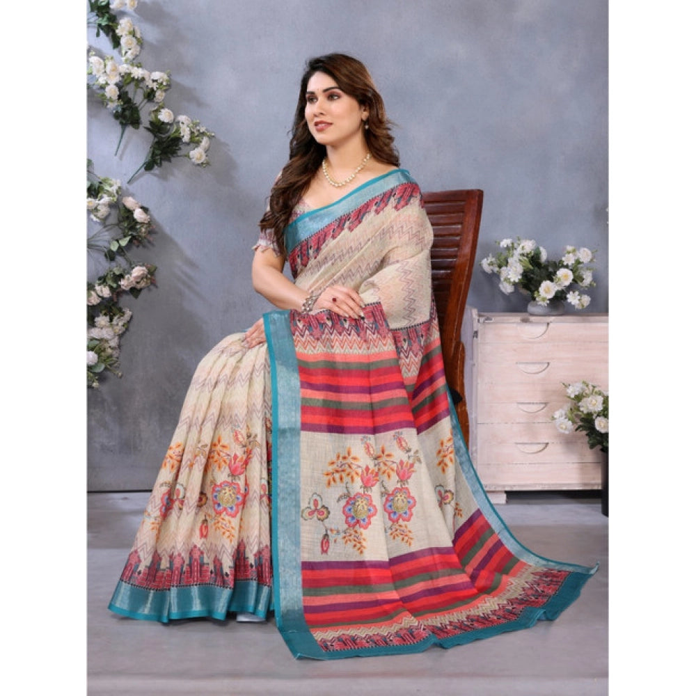 Women's Linen Cotton  Printed Saree With Unstitched Blouse 5.5Mtr  (Cream)