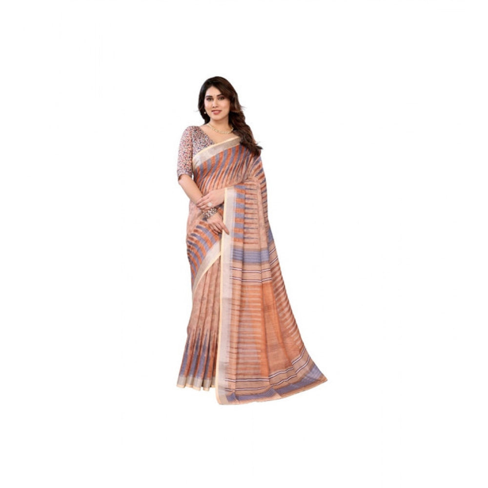 Women's Linen Cotton  Printed Saree With Unstitched Blouse 5.5Mtr  (Brown)