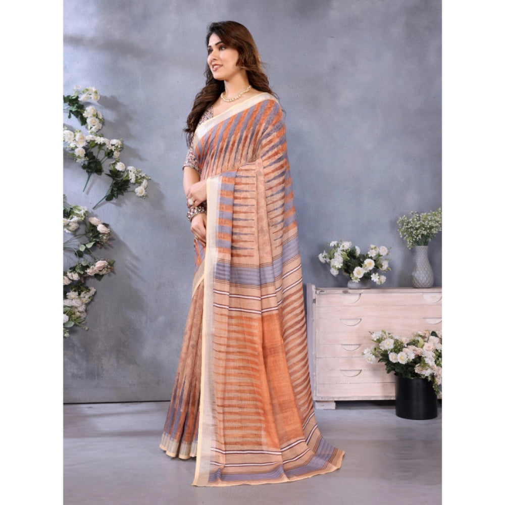 Women's Linen Cotton  Printed Saree With Unstitched Blouse 5.5Mtr  (Brown)