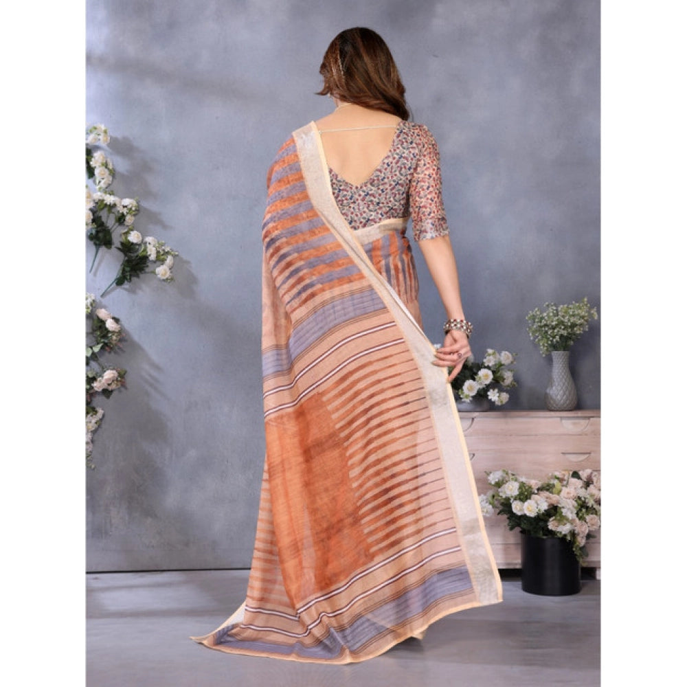 Women's Linen Cotton  Printed Saree With Unstitched Blouse 5.5Mtr  (Brown)