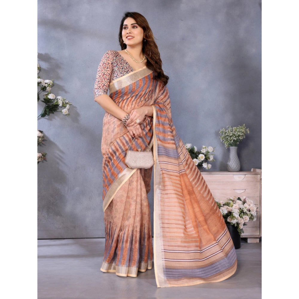 Women's Linen Cotton  Printed Saree With Unstitched Blouse 5.5Mtr  (Brown)