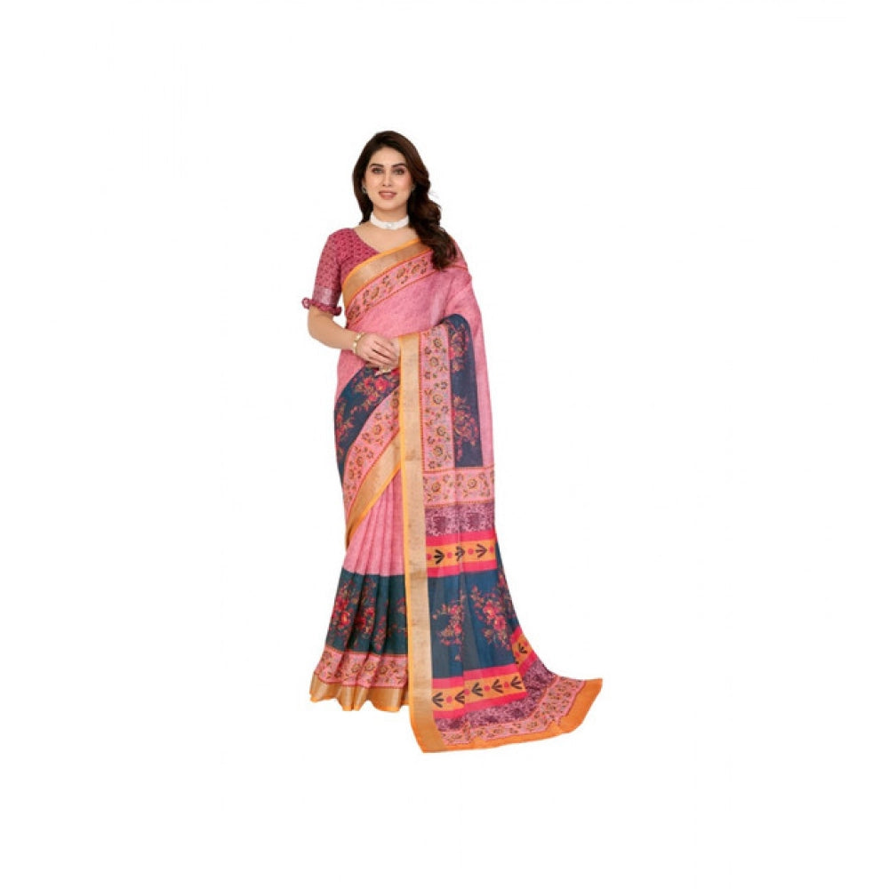Women's Linen Cotton  Printed Saree With Unstitched Blouse 5.5Mtr  (Pink)