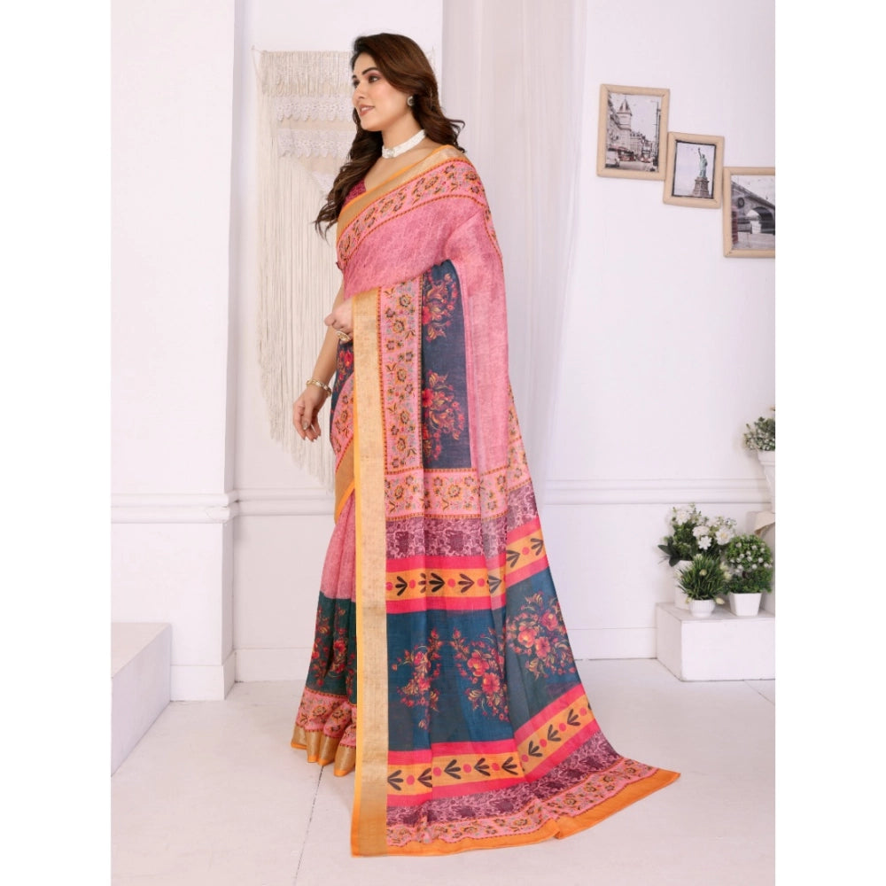 Women's Linen Cotton  Printed Saree With Unstitched Blouse 5.5Mtr  (Pink)