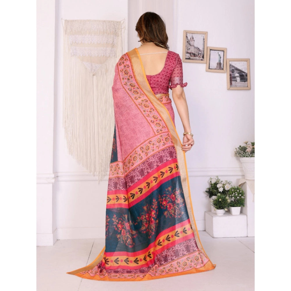 Women's Linen Cotton  Printed Saree With Unstitched Blouse 5.5Mtr  (Pink)