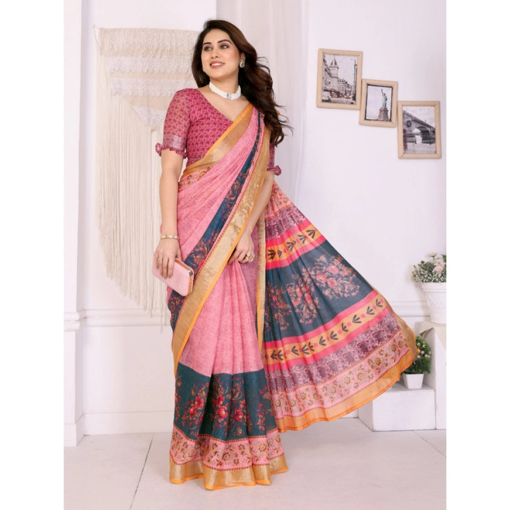 Women's Linen Cotton  Printed Saree With Unstitched Blouse 5.5Mtr  (Pink)