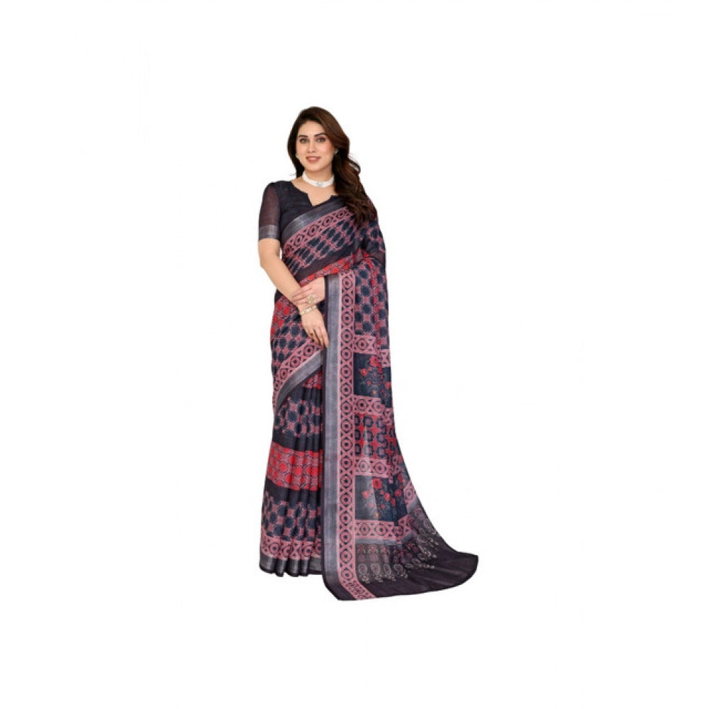 Women's Linen Cotton  Printed Saree With Unstitched Blouse 5.5Mtr  (Black)