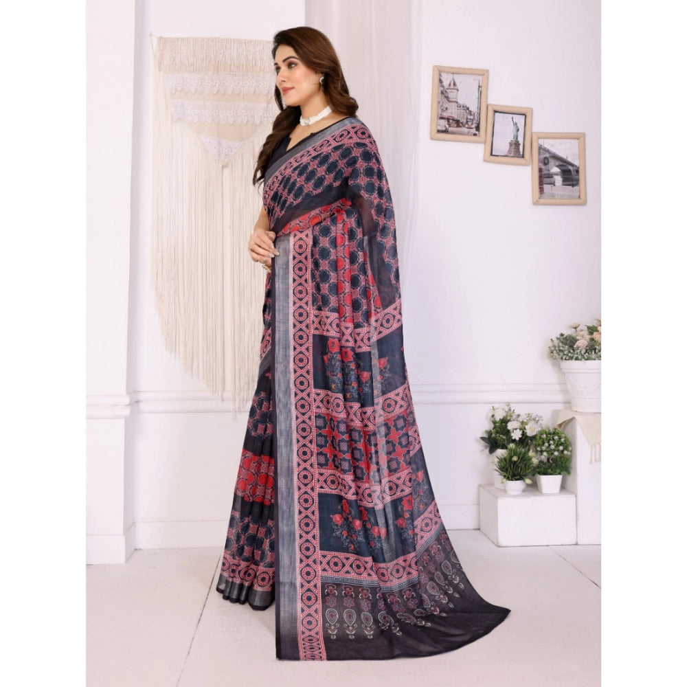 Women's Linen Cotton  Printed Saree With Unstitched Blouse 5.5Mtr  (Black)