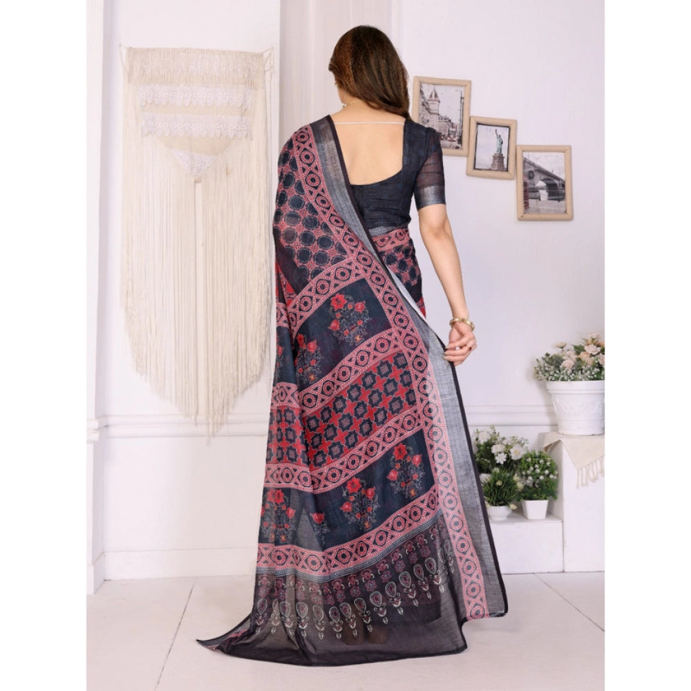 Women's Linen Cotton  Printed Saree With Unstitched Blouse 5.5Mtr  (Black)