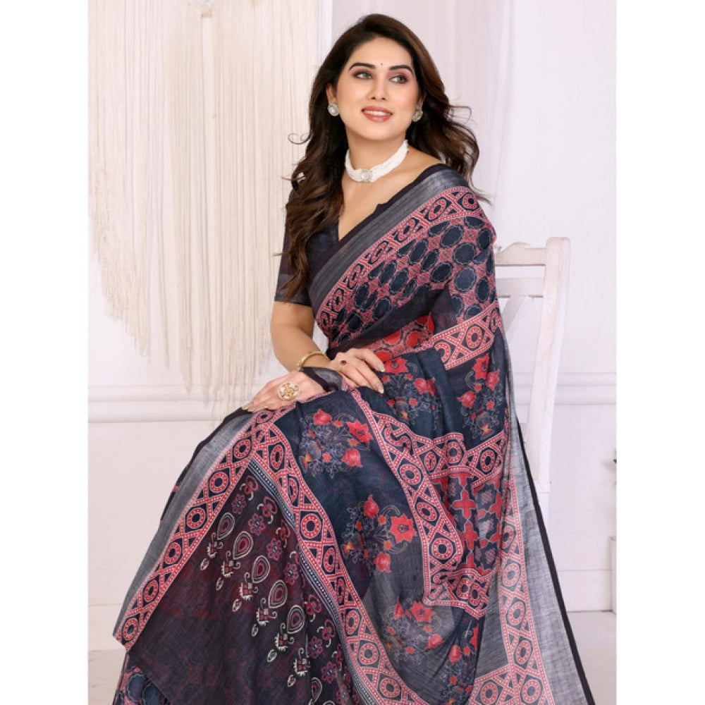 Women's Linen Cotton  Printed Saree With Unstitched Blouse 5.5Mtr  (Black)
