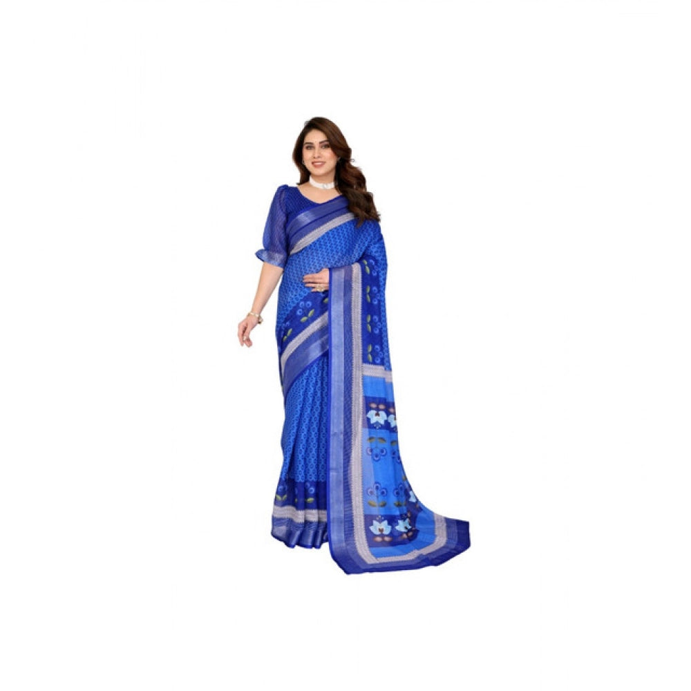 Women's Linen Cotton  Printed Saree With Unstitched Blouse 5.5Mtr  (Blue)