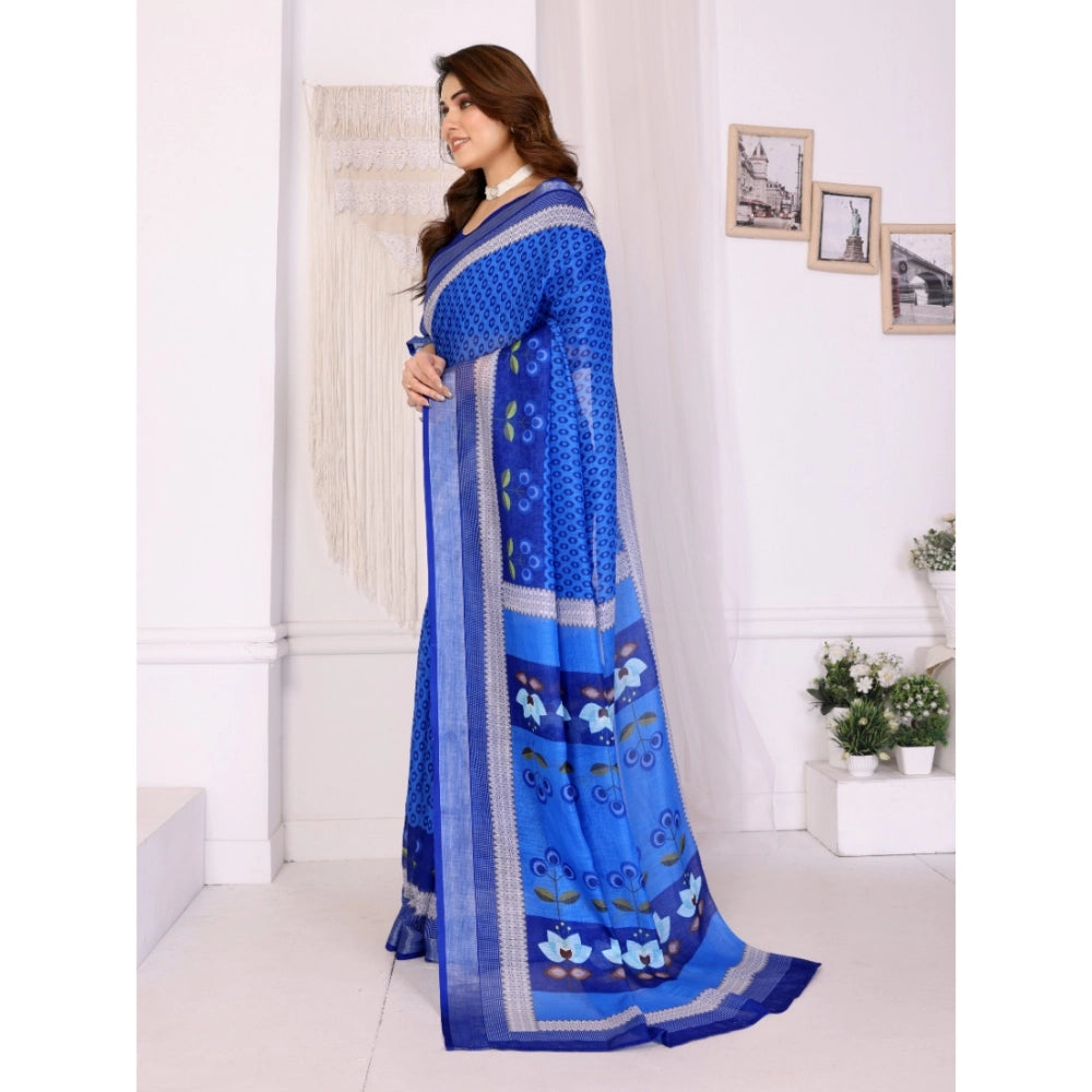 Women's Linen Cotton  Printed Saree With Unstitched Blouse 5.5Mtr  (Blue)