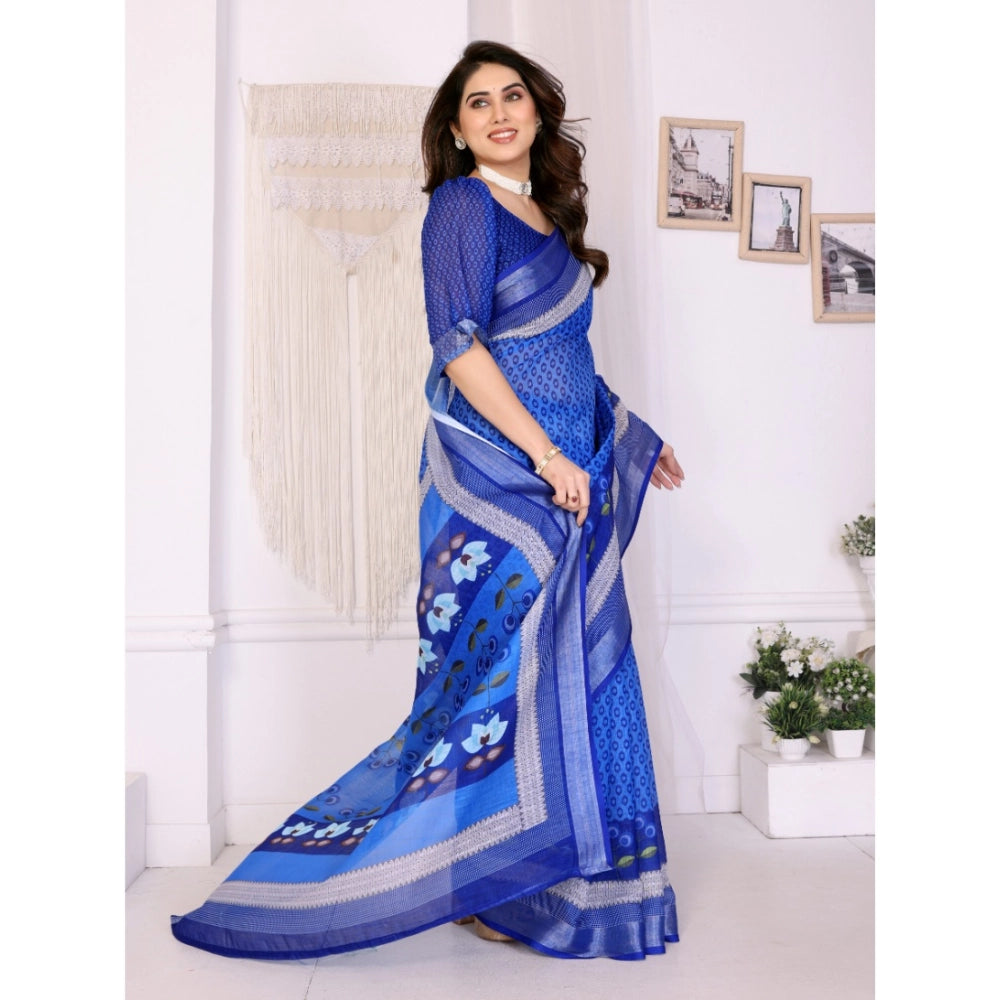 Women's Linen Cotton  Printed Saree With Unstitched Blouse 5.5Mtr  (Blue)