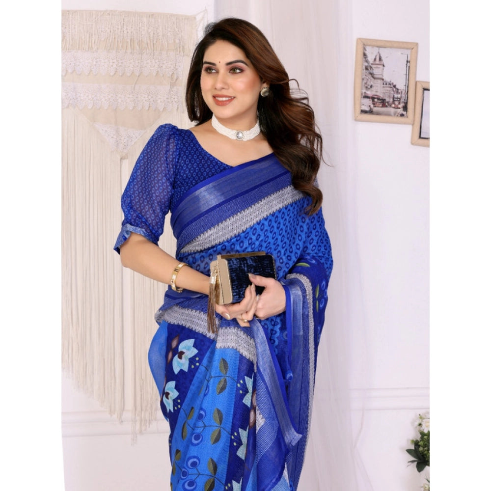 Women's Linen Cotton  Printed Saree With Unstitched Blouse 5.5Mtr  (Blue)