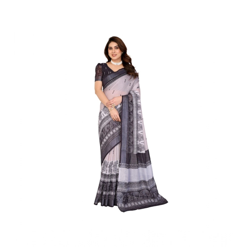 Women's Linen Cotton  Printed Saree With Unstitched Blouse 5.5Mtr  (White &amp; Black)