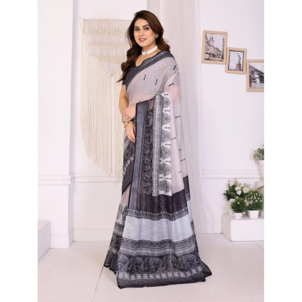 Women's Linen Cotton  Printed Saree With Unstitched Blouse 5.5Mtr  (White &amp; Black)