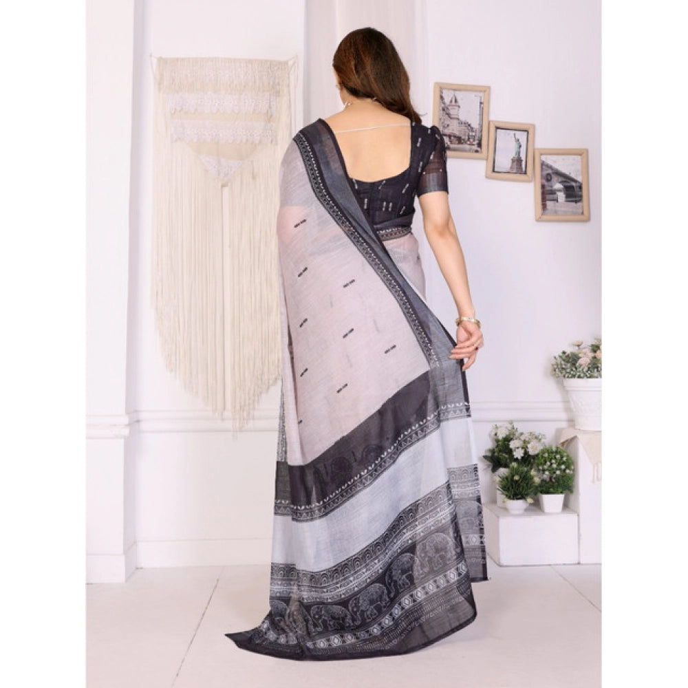 Women's Linen Cotton  Printed Saree With Unstitched Blouse 5.5Mtr  (White &amp; Black)