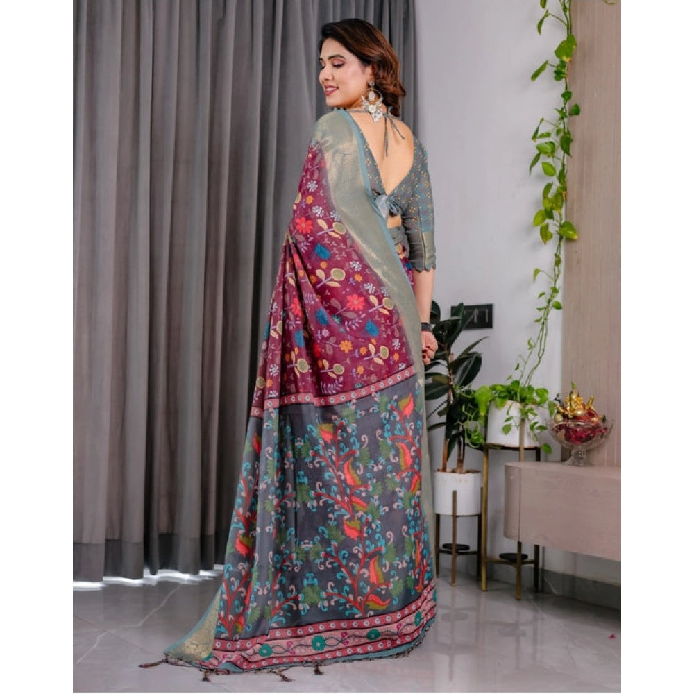Women's Linen  Printed Saree With Unstitched Blouse 5.5Mtr  (Purple)