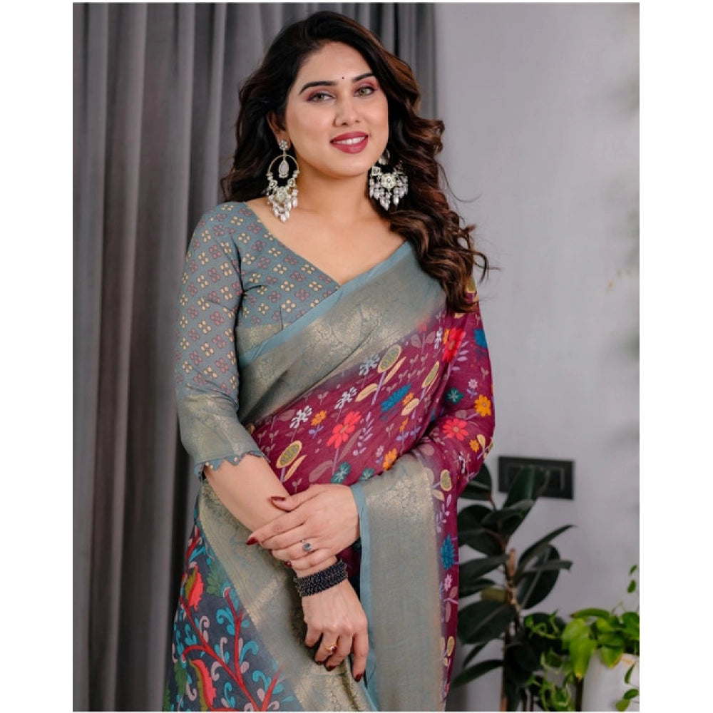 Women's Linen  Printed Saree With Unstitched Blouse 5.5Mtr  (Purple)
