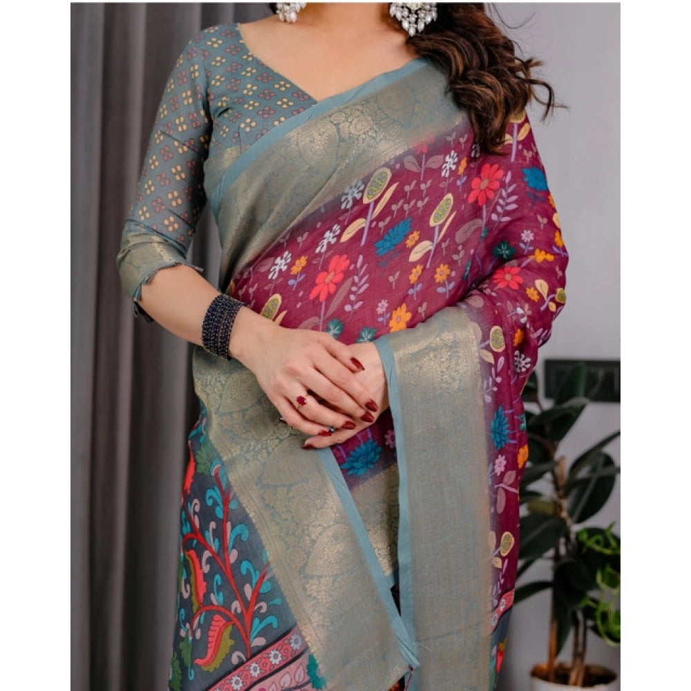 Women's Linen  Printed Saree With Unstitched Blouse 5.5Mtr  (Purple)