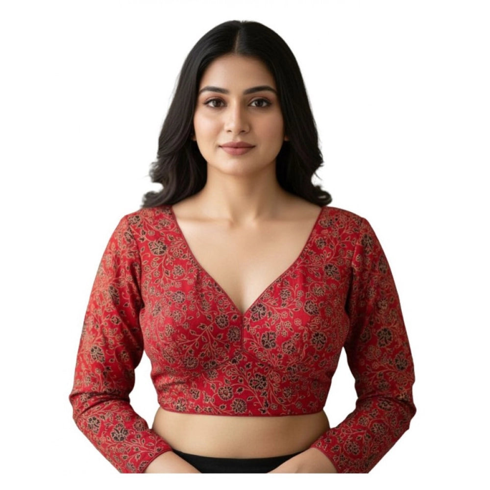 Women's Ajrakh Cotton Printed V-Neck Padded Blouse (Red 38 Ready (Self Alterable 36 €“40)