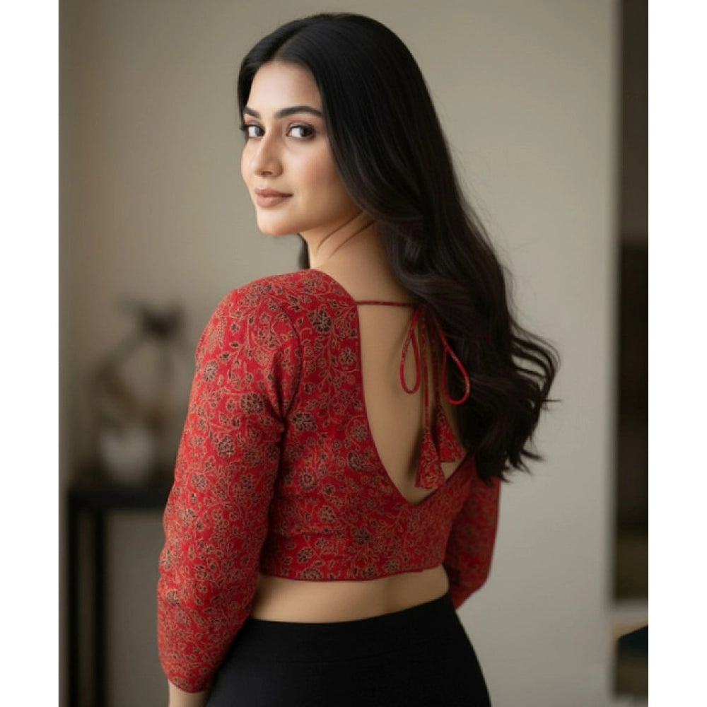 Women's Ajrakh Cotton Printed V-Neck Padded Blouse (Red 38 Ready (Self Alterable 36 €“40)