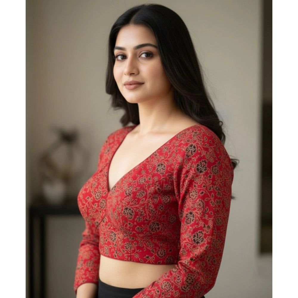 Women's Ajrakh Cotton Printed V-Neck Padded Blouse (Red 38 Ready (Self Alterable 36 €“40)