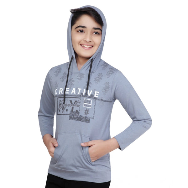 Boy's Cotton Printeded Hooded Neck Hoodies (Steel Blue)