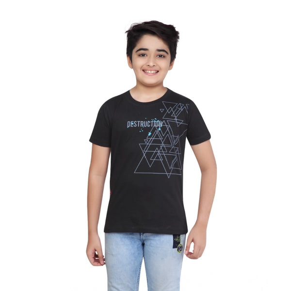 Boy's Cotton Grapic Printed Round Neck T-Shirt (Black)