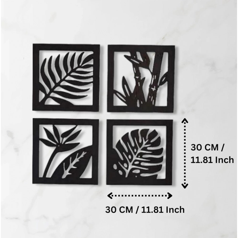 7 Decore Wooden 4 Pieces Square Tree Leaf Wall Art Panel Frame – Black (Big Size)