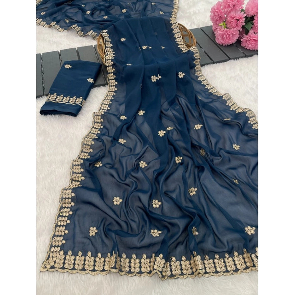 Women's Georgette Embroidered Saree With Unstitched Blouse 5.5Mtr (Blue)