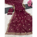 Women's Georgette Embroidered Saree With Unstitched Blouse 5.5Mtr (Red)