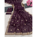 Women's Georgette Embroidered Saree With Unstitched Blouse 5.5Mtr (Wine)