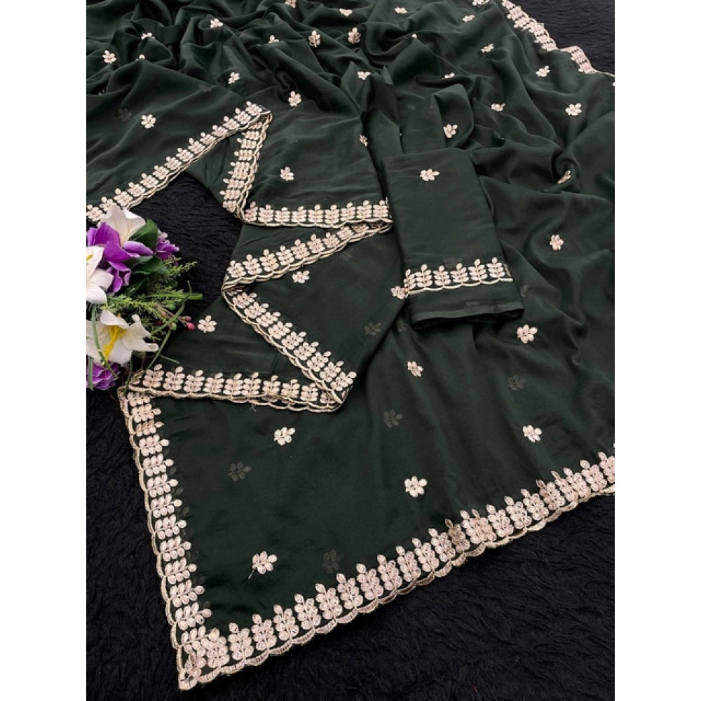 Women's Georgette Embroidered Saree With Unstitched Blouse 5.5Mtr (Green)