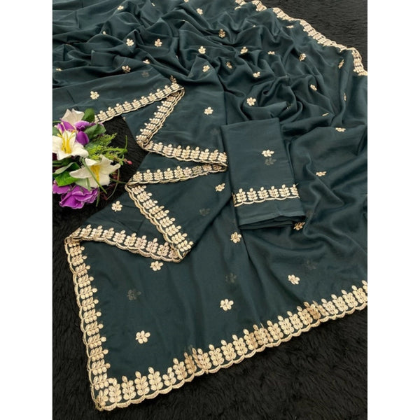 Women's Georgette Embroidered Saree With Unstitched Blouse 5.5Mtr (Teal)