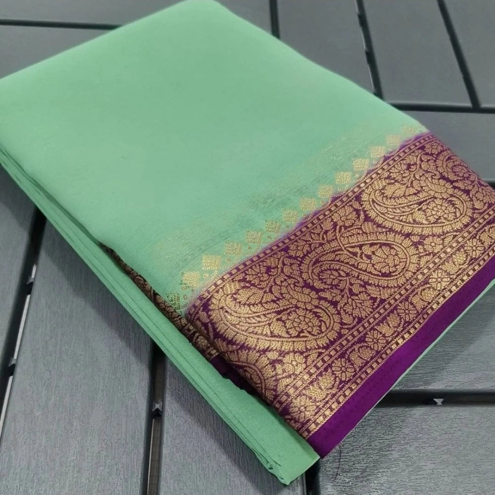 Women's Crepe Chit Pallu Solid Saree With Unstitched Blouse 5.5Mtr  (Light Green)