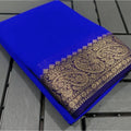 Women's Crepe Chit Pallu Solid Saree With Unstitched Blouse 5.5Mtr  (Navy Blue)
