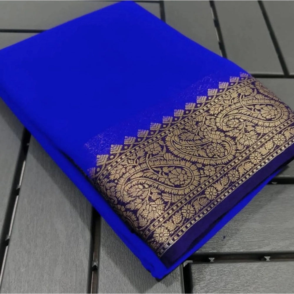 Women's Crepe Chit Pallu Solid Saree With Unstitched Blouse 5.5Mtr  (Navy Blue)