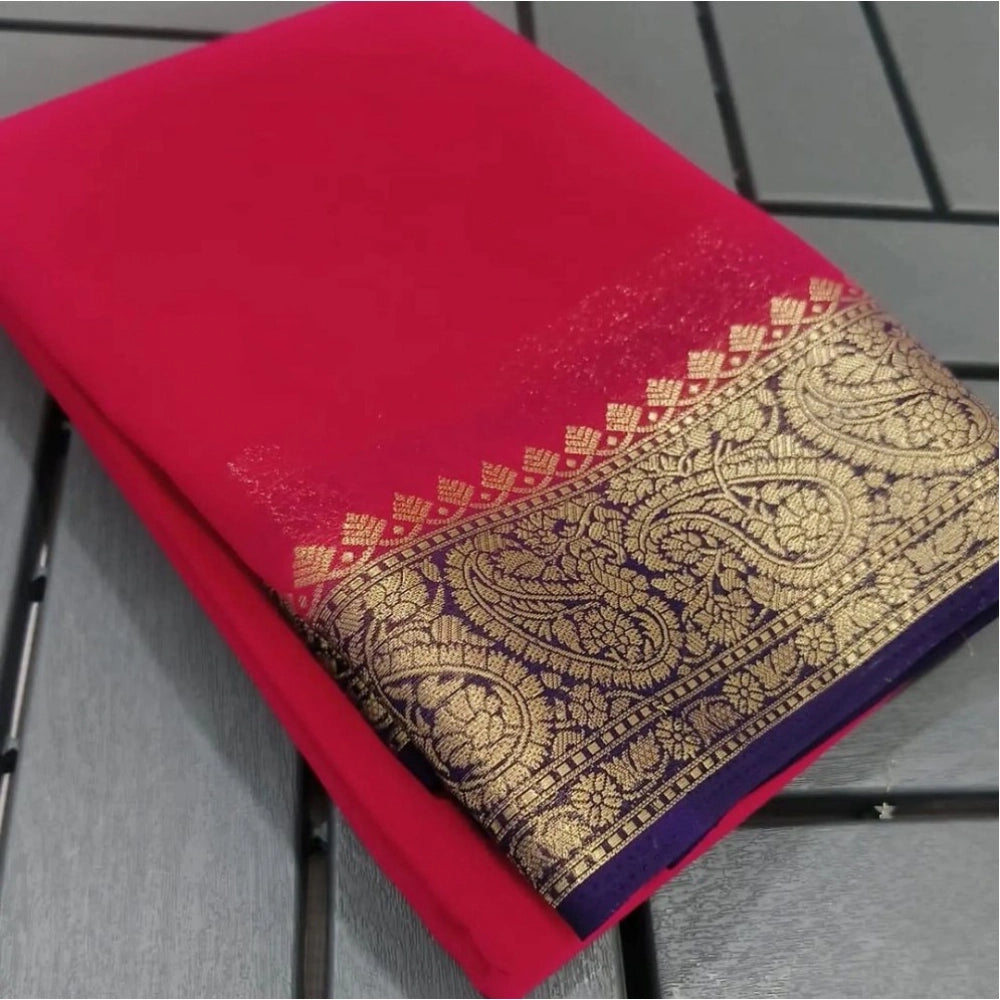 Women's Crepe Chit Pallu Solid Saree With Unstitched Blouse 5.5Mtr  (Red)