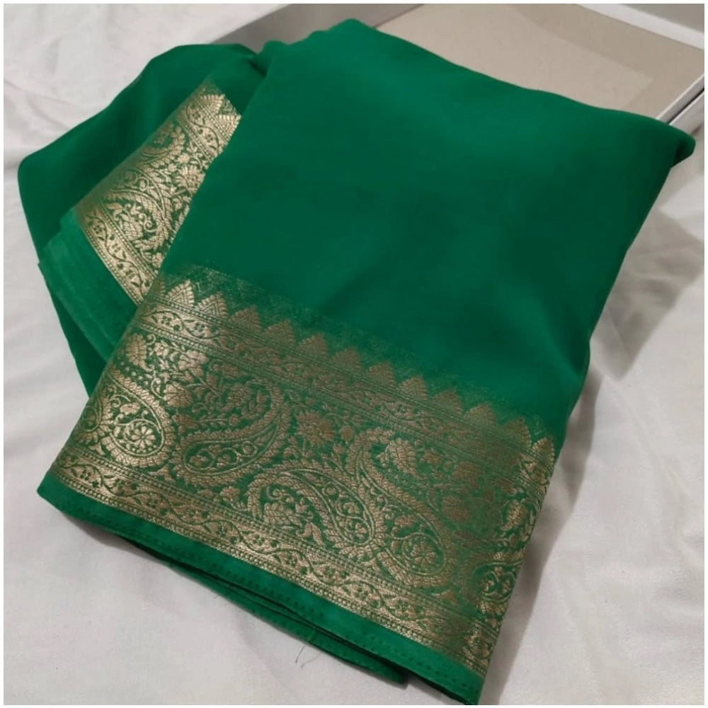 Women's Crepe Chit Pallu Solid Saree With Unstitched Blouse 5.5Mtr  (Green)