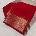 Women's Crepe Chit Pallu Solid Saree With Unstitched Blouse 5.5Mtr  (Red)