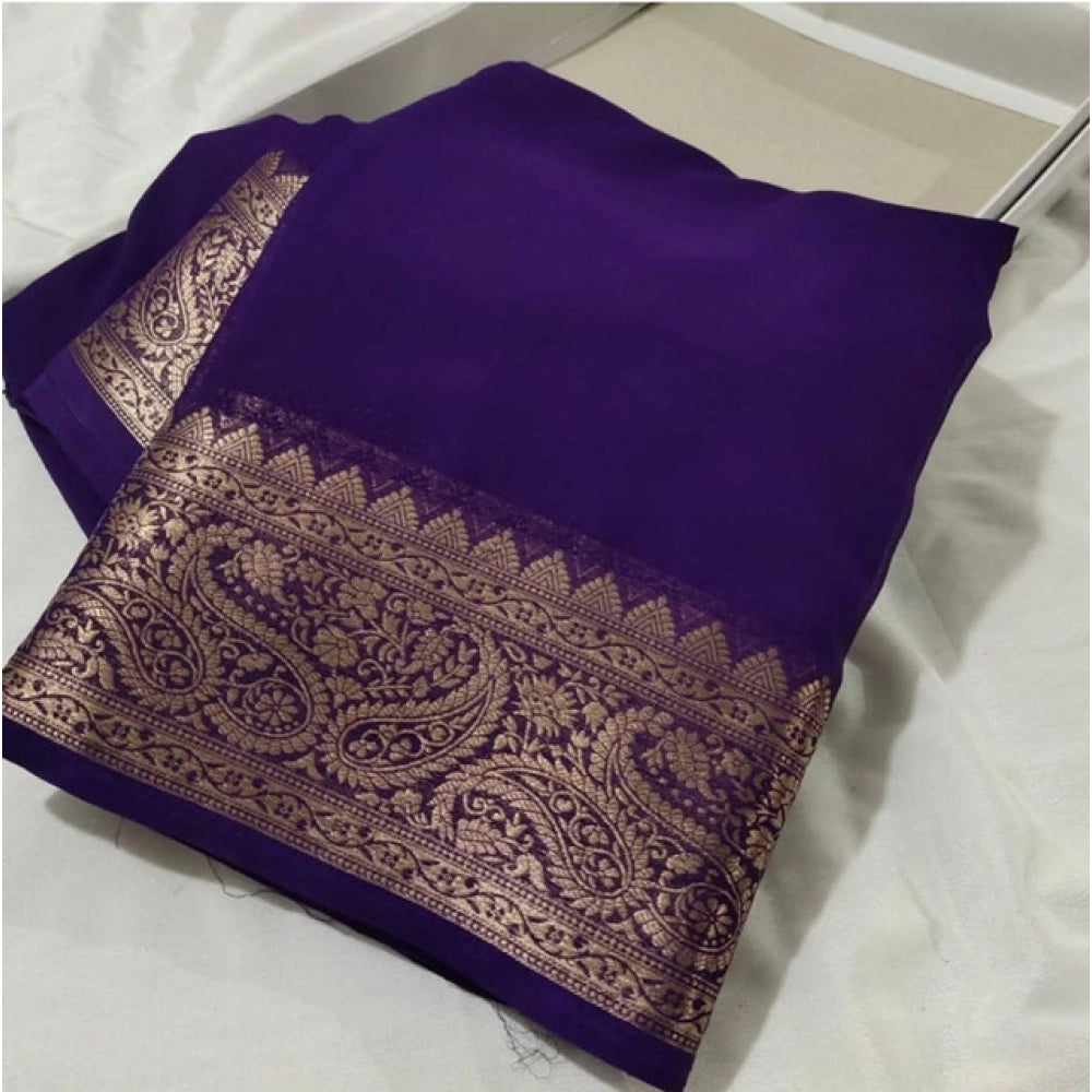 Women's Crepe Chit Pallu Solid Saree With Unstitched Blouse 5.5Mtr  (Purple)