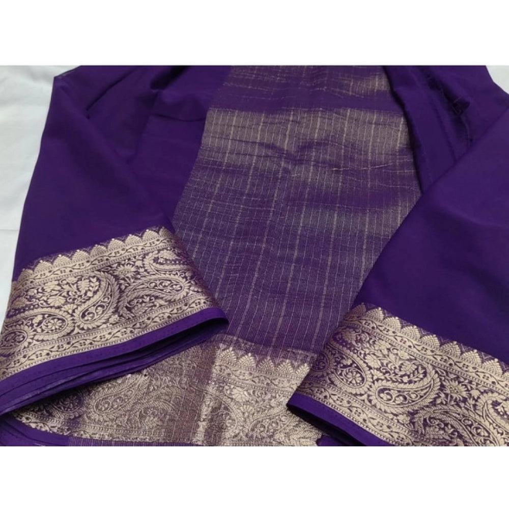Women's Crepe Chit Pallu Solid Saree With Unstitched Blouse 5.5Mtr  (Purple)